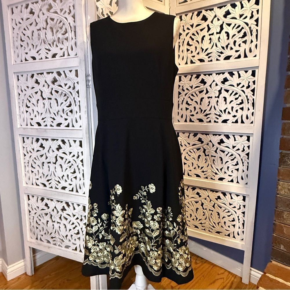 Calvin Klein Black Dress with Embroidered Gold Floral Accents NWT Sz 2